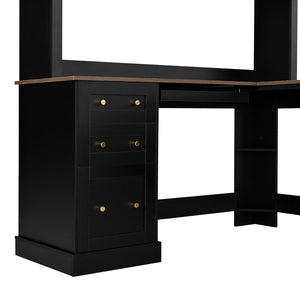 English Elm Space-saving Farmhouse Corner Desk with Arched Hutch File Drawers and Charging Ports Black N721S000086B