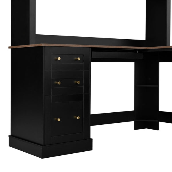English Elm Space-saving Farmhouse Corner Desk with Arched Hutch File Drawers and Charging Ports Black N721S000086B