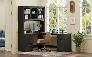 English Elm Space-saving Farmhouse Corner Desk with Arched Hutch File Drawers and Charging Ports Black N721S000086B