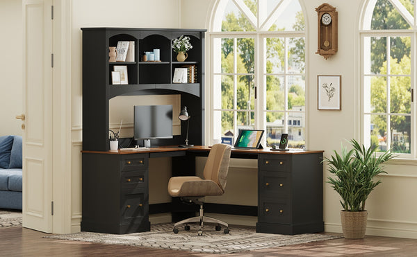 English Elm Space-saving Farmhouse Corner Desk with Arched Hutch File Drawers and Charging Ports Black N721S000086B