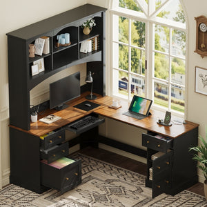 English Elm Space-saving Farmhouse Corner Desk with Arched Hutch File Drawers and Charging Ports Black N721S000086B