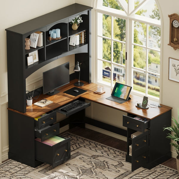 English Elm Space-saving Farmhouse Corner Desk with Arched Hutch File Drawers and Charging Ports Black N721S000086B