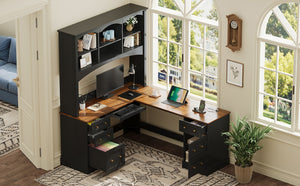 English Elm Space-saving Farmhouse Corner Desk with Arched Hutch File Drawers and Charging Ports Black N721S000086B