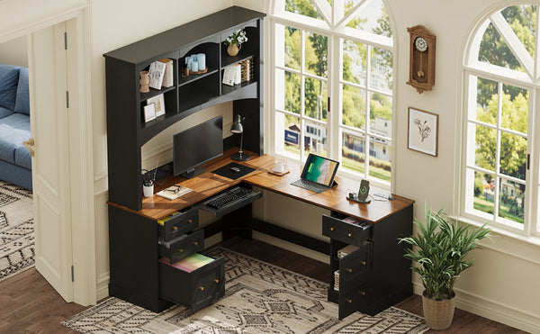 English Elm Space-saving Farmhouse Corner Desk with Arched Hutch File Drawers and Charging Ports Black N721S000086B