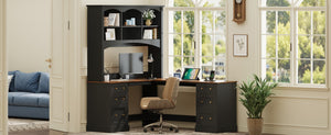 English Elm Space-saving Farmhouse Corner Desk with Arched Hutch File Drawers and Charging Ports Black N721S000086B
