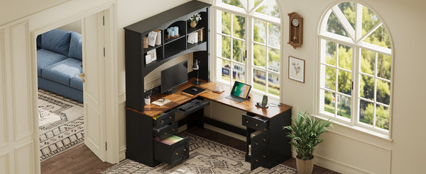 English Elm Space-saving Farmhouse Corner Desk with Arched Hutch File Drawers and Charging Ports Black N721S000086B