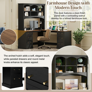 English Elm Space-saving Farmhouse Corner Desk with Arched Hutch File Drawers and Charging Ports Black N721S000086B