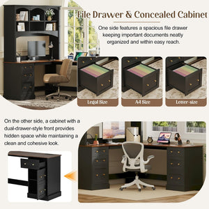 English Elm Space-saving Farmhouse Corner Desk with Arched Hutch File Drawers and Charging Ports Black N721S000086B