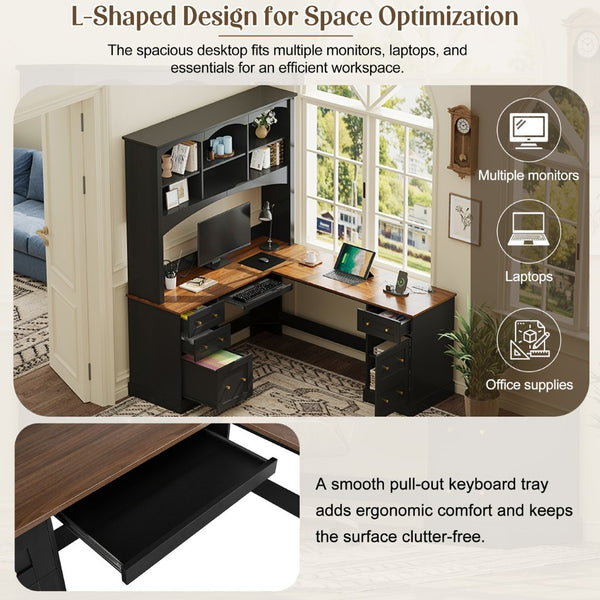 English Elm Space-saving Farmhouse Corner Desk with Arched Hutch File Drawers and Charging Ports Black N721S000086B
