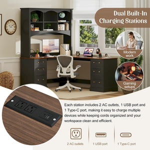 English Elm Space-saving Farmhouse Corner Desk with Arched Hutch File Drawers and Charging Ports Black N721S000086B