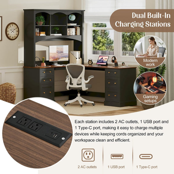 English Elm Space-saving Farmhouse Corner Desk with Arched Hutch File Drawers and Charging Ports Black N721S000086B