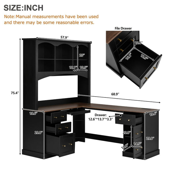 English Elm Space-saving Farmhouse Corner Desk with Arched Hutch File Drawers and Charging Ports Black N721S000086B