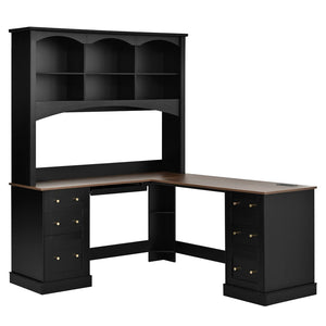 English Elm Space-saving Farmhouse Corner Desk with Arched Hutch File Drawers and Charging Ports Black N721S000086B