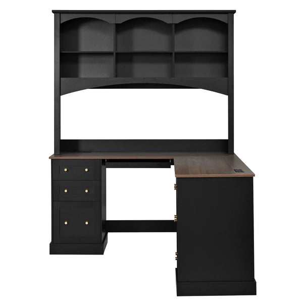 English Elm Space-saving Farmhouse Corner Desk with Arched Hutch File Drawers and Charging Ports Black N721S000086B