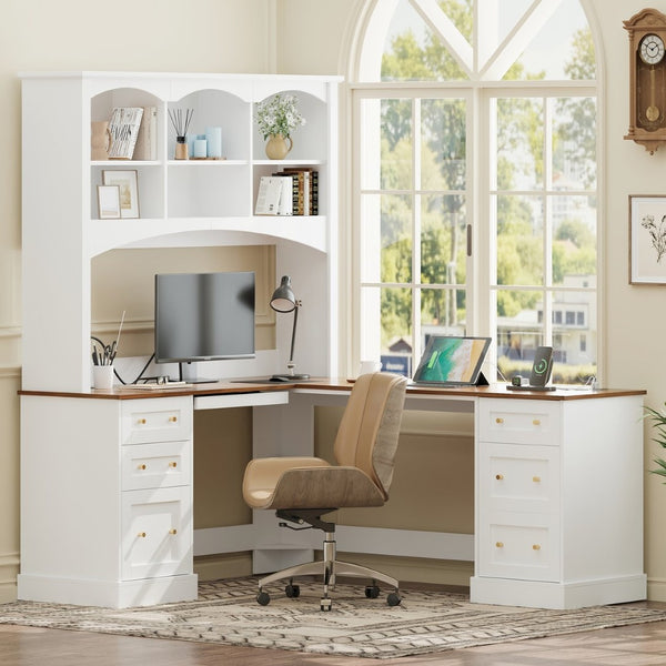English Elm Space-saving Farmhouse Corner Desk with Arched Hutch File Drawers and Charging Ports White N721S000086K