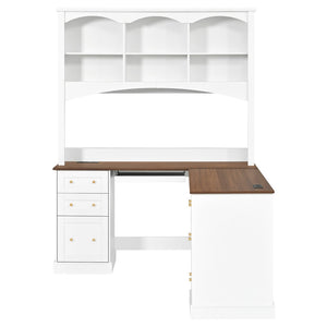 English Elm Space-saving Farmhouse Corner Desk with Arched Hutch File Drawers and Charging Ports White N721S000086K