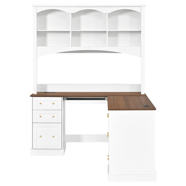 English Elm Space-saving Farmhouse Corner Desk with Arched Hutch File Drawers and Charging Ports White N721S000086K