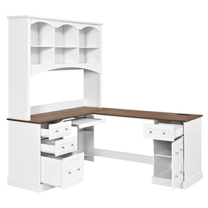 English Elm Space-saving Farmhouse Corner Desk with Arched Hutch File Drawers and Charging Ports White N721S000086K