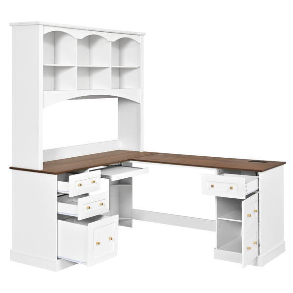 English Elm Space-saving Farmhouse Corner Desk with Arched Hutch File Drawers and Charging Ports White N721S000086K