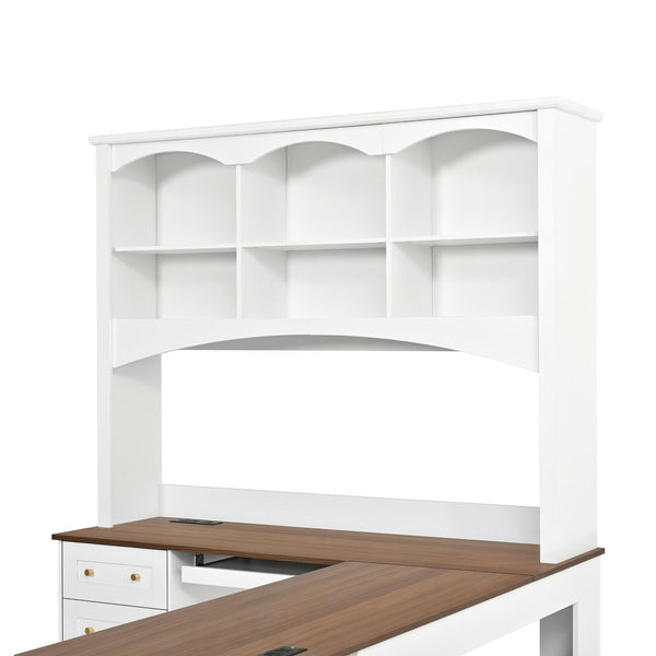English Elm Space-saving Farmhouse Corner Desk with Arched Hutch File Drawers and Charging Ports White N721S000086K