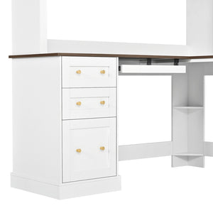 English Elm Space-saving Farmhouse Corner Desk with Arched Hutch File Drawers and Charging Ports White N721S000086K