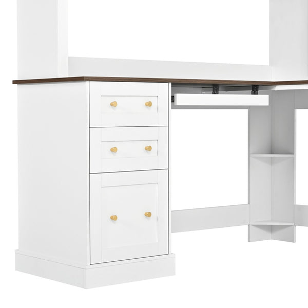 English Elm Space-saving Farmhouse Corner Desk with Arched Hutch File Drawers and Charging Ports White N721S000086K