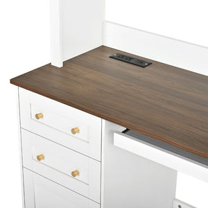 English Elm Space-saving Farmhouse Corner Desk with Arched Hutch File Drawers and Charging Ports White N721S000086K