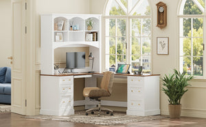 English Elm Space-saving Farmhouse Corner Desk with Arched Hutch File Drawers and Charging Ports White N721S000086K