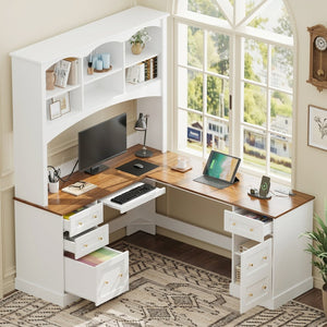 English Elm Space-saving Farmhouse Corner Desk with Arched Hutch File Drawers and Charging Ports White N721S000086K
