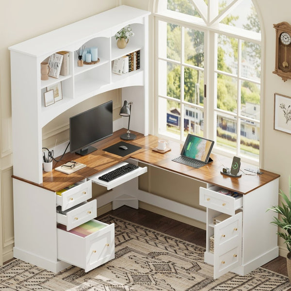English Elm Space-saving Farmhouse Corner Desk with Arched Hutch File Drawers and Charging Ports White N721S000086K