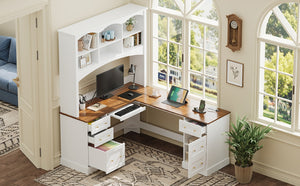English Elm Space-saving Farmhouse Corner Desk with Arched Hutch File Drawers and Charging Ports White N721S000086K