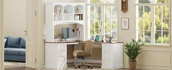 English Elm Space-saving Farmhouse Corner Desk with Arched Hutch File Drawers and Charging Ports White N721S000086K