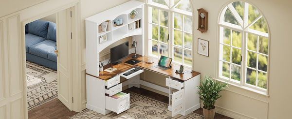English Elm Space-saving Farmhouse Corner Desk with Arched Hutch File Drawers and Charging Ports White N721S000086K