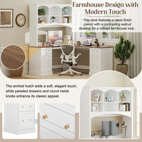 English Elm Space-saving Farmhouse Corner Desk with Arched Hutch File Drawers and Charging Ports White N721S000086K