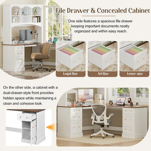 English Elm Space-saving Farmhouse Corner Desk with Arched Hutch File Drawers and Charging Ports White N721S000086K