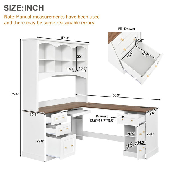 English Elm Space-saving Farmhouse Corner Desk with Arched Hutch File Drawers and Charging Ports White N721S000086K