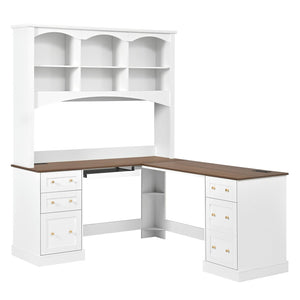English Elm Space-saving Farmhouse Corner Desk with Arched Hutch File Drawers and Charging Ports White N721S000086K