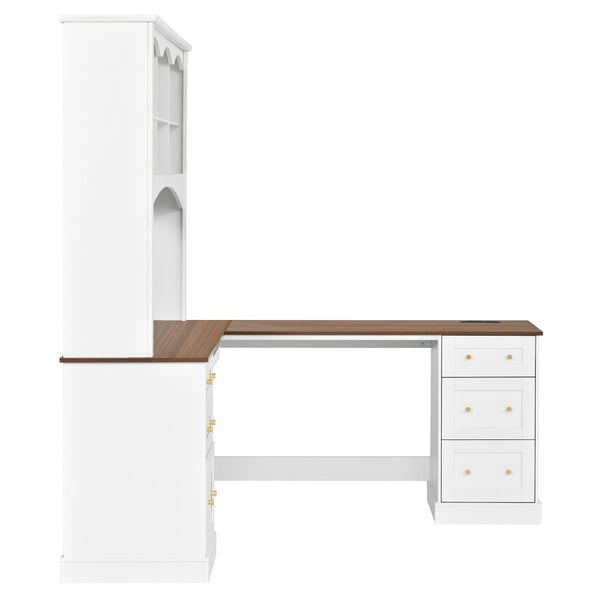 English Elm Space-saving Farmhouse Corner Desk with Arched Hutch File Drawers and Charging Ports White N721S000086K