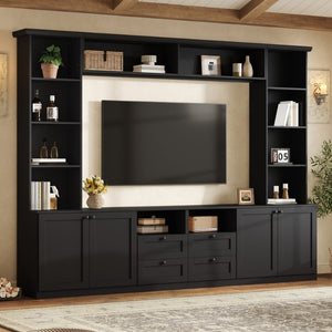 English Elm Farmhouse Built-in Style Entertainment Center with Drawers Cabinets and Adjustable Shelving Black N721S000087B