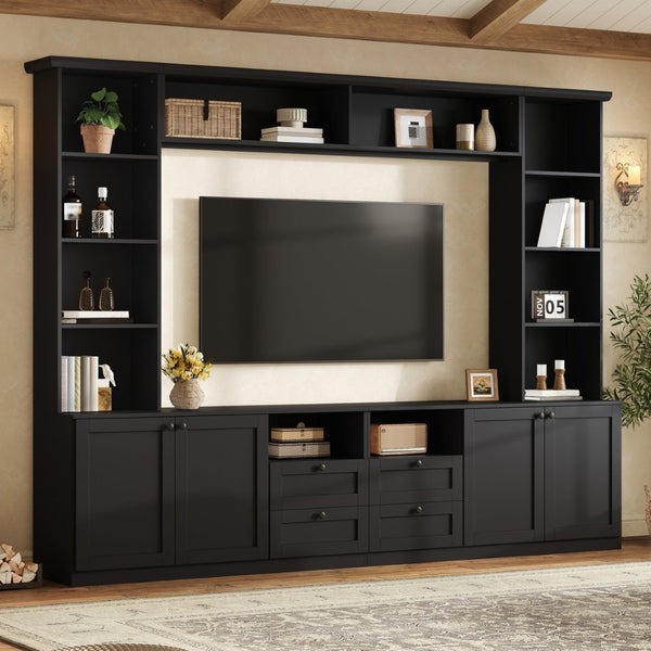 English Elm Farmhouse Built-in Style Entertainment Center with Drawers Cabinets and Adjustable Shelving Black N721S000087B