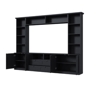 English Elm Farmhouse Built-in Style Entertainment Center with Drawers Cabinets and Adjustable Shelving Black N721S000087B