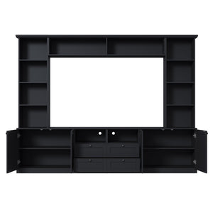 English Elm Farmhouse Built-in Style Entertainment Center with Drawers Cabinets and Adjustable Shelving Black N721S000087B