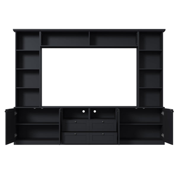English Elm Farmhouse Built-in Style Entertainment Center with Drawers Cabinets and Adjustable Shelving Black N721S000087B