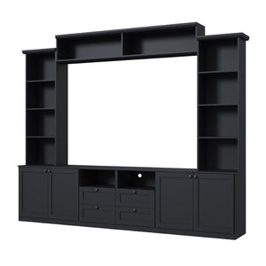 English Elm Farmhouse Built-in Style Entertainment Center with Drawers Cabinets and Adjustable Shelving Black N721S000087B