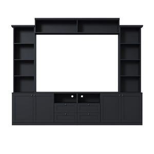 English Elm Farmhouse Built-in Style Entertainment Center with Drawers Cabinets and Adjustable Shelving Black N721S000087B