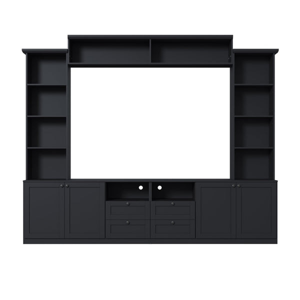 English Elm Farmhouse Built-in Style Entertainment Center with Drawers Cabinets and Adjustable Shelving Black N721S000087B