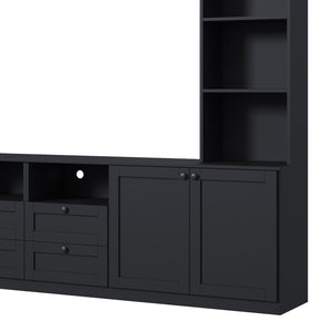 English Elm Farmhouse Built-in Style Entertainment Center with Drawers Cabinets and Adjustable Shelving Black N721S000087B