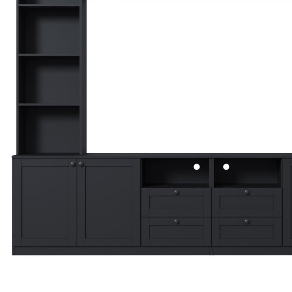 English Elm Farmhouse Built-in Style Entertainment Center with Drawers Cabinets and Adjustable Shelving Black N721S000087B
