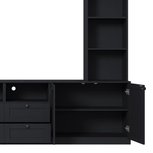 English Elm Farmhouse Built-in Style Entertainment Center with Drawers Cabinets and Adjustable Shelving Black N721S000087B