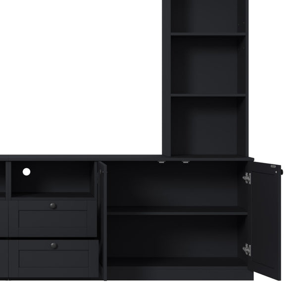 English Elm Farmhouse Built-in Style Entertainment Center with Drawers Cabinets and Adjustable Shelving Black N721S000087B